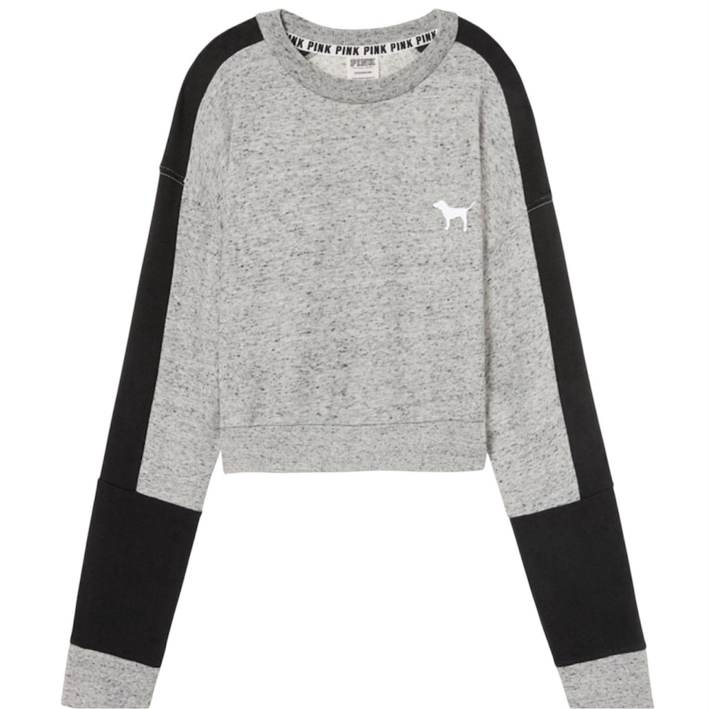 VS PINK Cropped Sweatshirt – Grey/Black Colorblock Fleece – Size Large